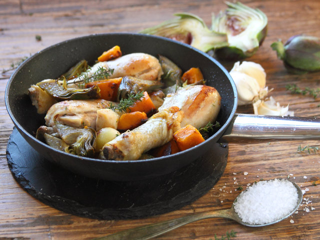 Fusi di pollo con Carciofi e Zucca